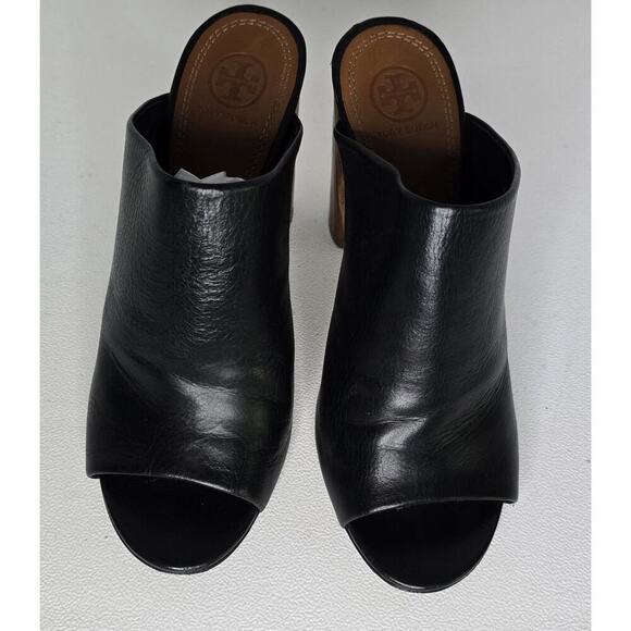 TORY BURCH Black Leather Raya Heels Mules Wooden Heel Peep Toe sz 8.5 - Picture 2 of 10